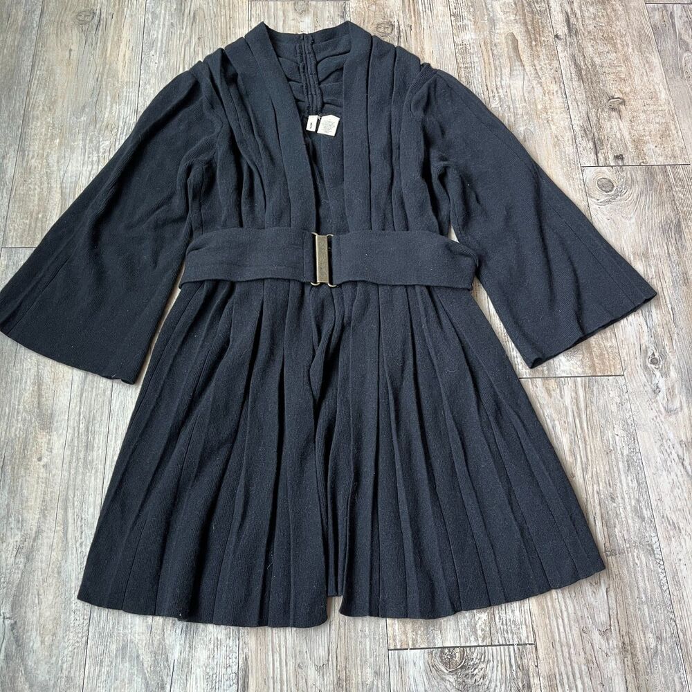 Anthropologie Cardigan Women's Small Sweater Black Pleated Belted Wool Moth